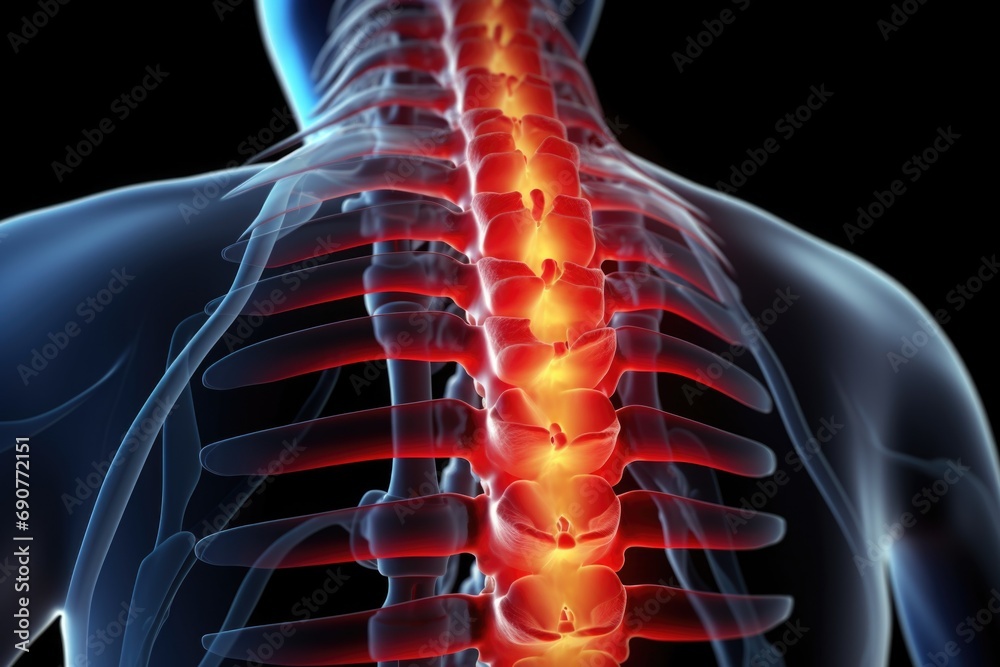 Poster a picture showing the back of a man with a highlighted spine. this image can be used for medical or 