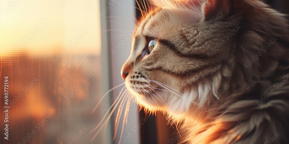 Poster a cat is seen looking out of a window, basking in the warm sunlight. this image can be used to depic