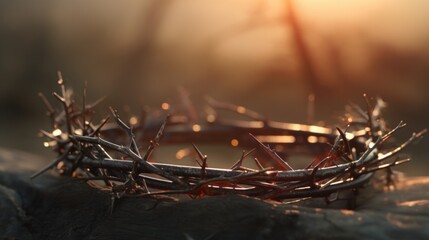 A crown of thorns rests on top of a rugged rock, symbolizing suffering and sacrifice. Suitable for religious and spiritual themes - obrazy, fototapety, plakaty