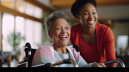 A woman in a wheelchair sitting next to an older woman. Suitable for images related to disability, elderly care, and companionship