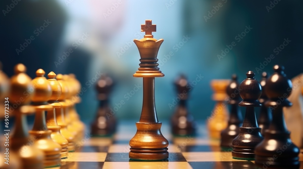 Poster A close up view of a chess board with various chess pieces. This image can be used to illustrate strategy, competition, or the game of chess in general