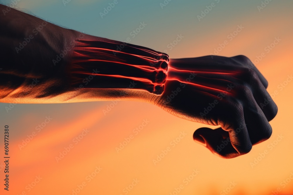 Poster a hand with a wrist that emits a red glow. can be used to depict supernatural powers or special abil