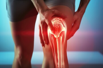 A woman can be seen holding her knee in pain. This image can be used to depict various concepts related to injury, healthcare, physical pain, or medical conditions - Powered by Adobe