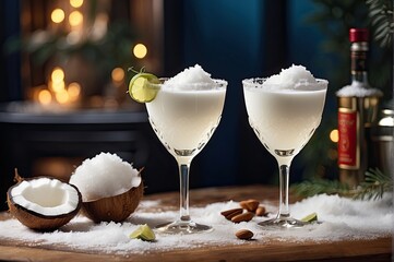 Schneegestöber Martini, Snow Flurry Martini, Illuminate the cocktail's presentation, capturing the blend of vanilla vodka with the creamy allure of coconut liqueur. Highlight the infusion of coconut