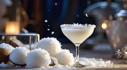 Schneegestöber Martini, Snow Flurry Martini, Illuminate the cocktail's presentation, capturing the blend of vanilla vodka with the creamy allure of coconut liqueur. Highlight the infusion of coconut - obrazy, fototapety, plakaty