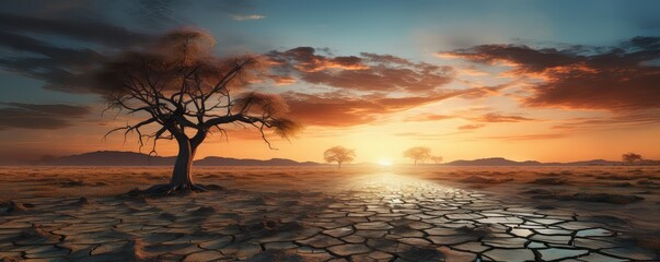 wyschnięta pustynia i drzewo wyschnięte przy blasku słońca, widok suszy, 