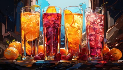 kolorowe drinki w wysokich szklankach na blacie i słomkami w środku - obrazy, fototapety, plakaty