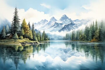 rzeka w górach przy lesie płynąca spokojnie w dzikiej naturze, grafika komputerowa przedstawiająca obraz akrylowy © Bear Boy 