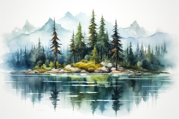 rzeka w górach przy lesie płynąca spokojnie w dzikiej naturze, grafika komputerowa przedstawiająca obraz akrylowy - obrazy, fototapety, plakaty