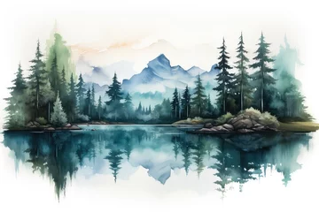 Afwasbaar Fotobehang Mistig bos rzeka w górach przy lesie płynąca spokojnie w dzikiej naturze, grafika komputerowa przedstawiająca obraz akrylowy