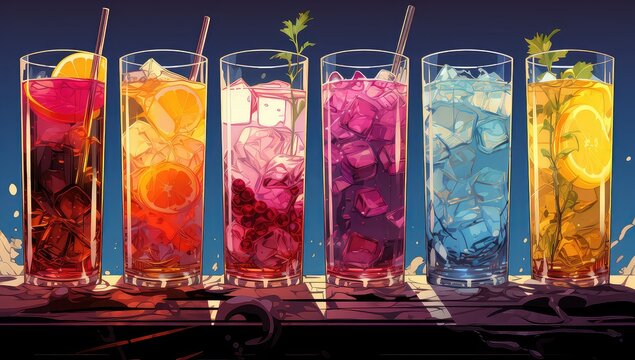 kolorowe drinki w wysokich szklankach na blacie i słomkami w środku
