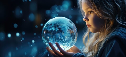dziewczynka ze szklaną kulą pokazującą przyszłość - obrazy, fototapety, plakaty