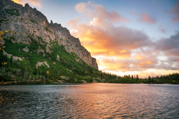 Morning sunrise at Poprad lake( Popradske pleso) in High Tatras national park, Slovakia