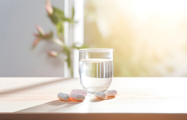 water glass and pills on white wooden table soft light