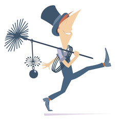 Walking cartoon chimney sweeper. 
Cheerful chimney sweeper with rope and chimney brush walking to work. Isolated on white background
