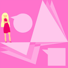 Pink template with girl, speech bubbles, geometric shapes, vector illustration.