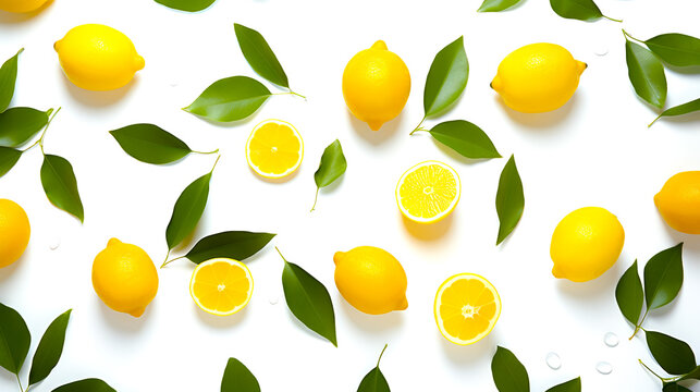 Fresh lemon slices on white background, group of juicy citrus fruit