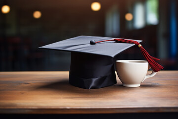 Close up photo of a cup of coffee next to a graduation cap