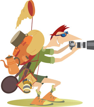 cartoon photographer with backpack taking photo clip art preview