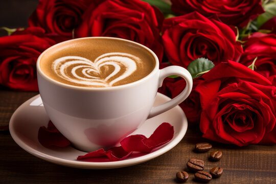 Close up photo of a cup of coffee for Valentine's Day with roses and hearts