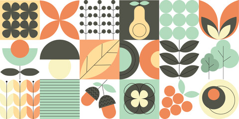 Minimalistic natural geometric pattern. Background with simple geometric shapes of natural flower plants. Abstract plants and flowers geometric pattern. Vector illustration - obrazy, fototapety, plakaty