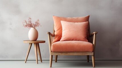 Modern interior with pink armchair and vase. Peach Fuzz color
