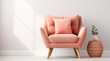 Fototapeta premium Modern interior with pink armchair and vase. Peach Fuzz color