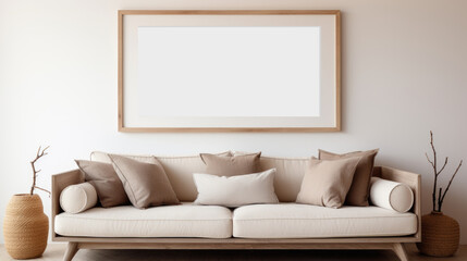 Modern living room interior with white sofa and mock up poster