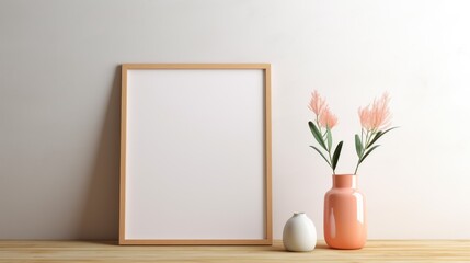 Mock up poster frame in modern interior background. Eco style concept. Light neutral and Peach Fuzz colors - Powered by Adobe