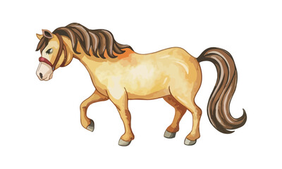 A beautiful watercolor horse going in the field on a white background, a watercolor painting