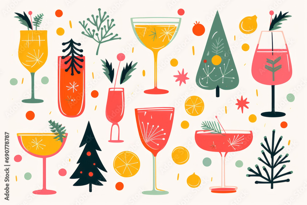 Wall mural Vintage Christmas classic cocktail festive drink illustration