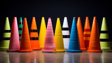 Against a backdrop of cautionary tape, a collection of safety cones stands tall, their bright colors contrasting sharply with the environment