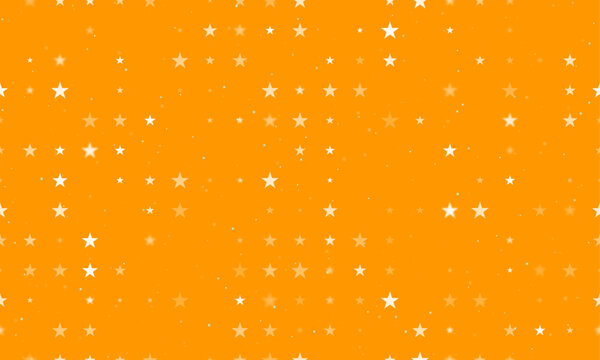 Seamless background pattern of evenly spaced white star symbols of different sizes and opacity. Vector illustration on orange background with stars