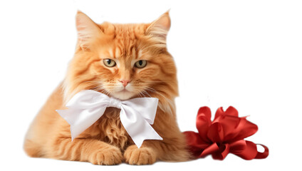 Beautiful fun red cat with bow isolated on white background