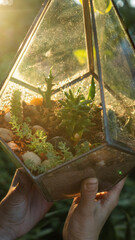 Trabajo artesanal de Terrario con forma de gota a contra luz con plantas alrededor 