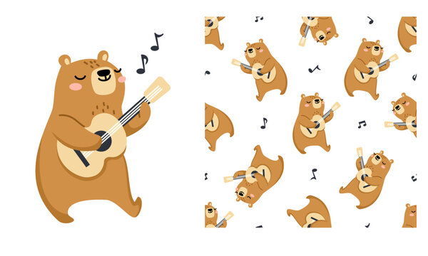 Vector set for printing on children's products. Cute print for printing and seamless vector pattern. Cute bear playing guitar, notes . Vector illustration