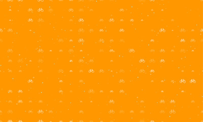Seamless background pattern of evenly spaced white bicycle symbols of different sizes and opacity. Vector illustration on orange background with stars