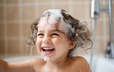 Smiling little girl is washing her hair