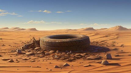 An abandoned car wreck, its tires buried in the sands of an isolated desert expanse