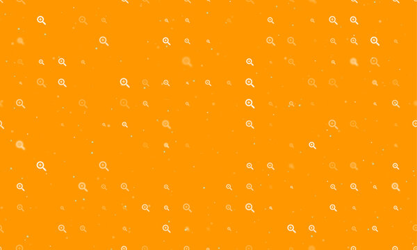 Seamless background pattern of evenly spaced white zoom in symbols of different sizes and opacity. Vector illustration on orange background with stars