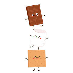 Sweet sandwiches from chocolate and marshmallow. Scheme of smore sweet children dessert preparing, cartoon vector illustration isolated on white background.