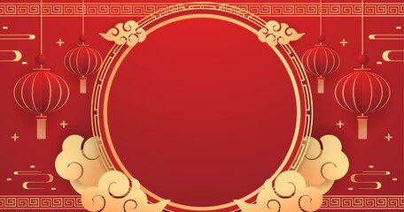 Happy Chinese new year 2024. Chinese new year banner with circle for show product. Greeting card. China frame with lantern on red background. © Supakorn