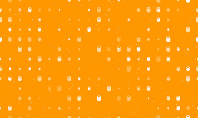 Seamless background pattern of evenly spaced white sports weight symbols of different sizes and opacity. Vector illustration on orange background with stars