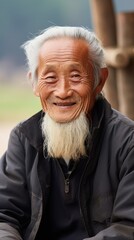 Old Asian rural man, dressed simply, looking at the camera, in a small rural courtyard