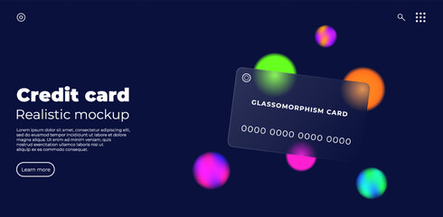 Credit card mock-up glass morphism style. Bank card presentation. Plastic rectangle of transparent plastic with blur effect. Liquid shapes morphism abstract art. Vector illustration