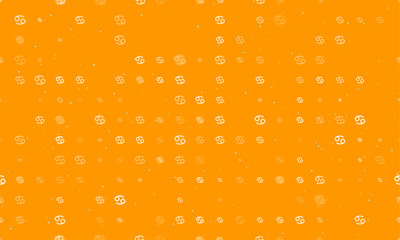 Seamless background pattern of evenly spaced white cancer zodiac symbols of different sizes and opacity. Vector illustration on orange background with stars