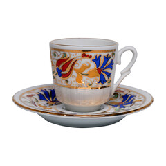 Turkish coffee mug, traditional beautiful coffee plate cups, Ottoman pattern, png background, png isolated, white, vintage, old mug, tile pattern, side view.
