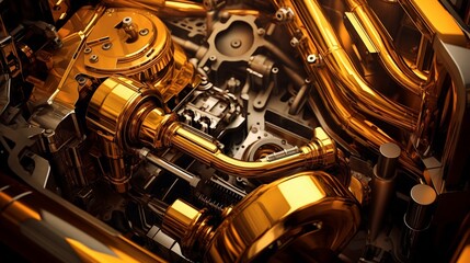 An abstract view of an engine compartment, with the golden hues of fresh motor oil adding an artistic touch to the mechanical precision within