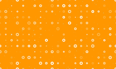 Seamless background pattern of evenly spaced white record media symbols of different sizes and opacity. Vector illustration on orange background with stars