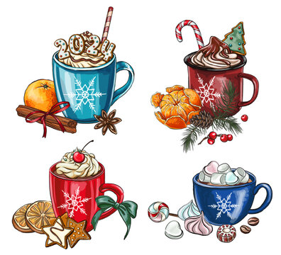 set holiday composition with hot drink 2024. Decoration with tangerine, cookies, candy, cream,